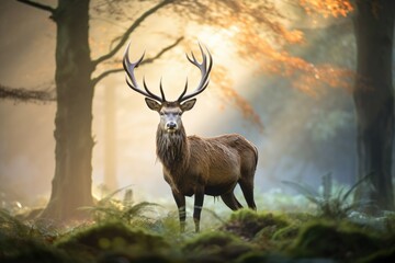 Red deer stag in the forest during rutting season, UK, A majestic Red Deer Cervus elaphus stag is seen in the morning mist in the UK, AI Generated