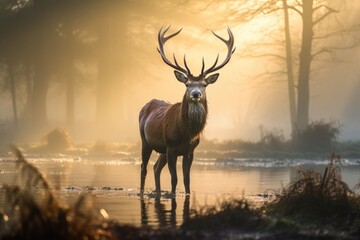 Red deer stag during rutting season in Autumn Fall, UK, A majestic Red Deer Cervus elaphus stag is seen in the morning mist in the UK, AI Generated