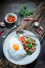 Stir fried Thai basil with minced pork and a fried egg