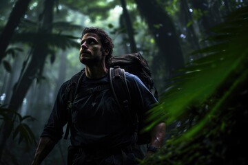 Handsome young man with backpack hiking in the jungle at night, A male hiker navigating through a dense and dark jungle, captured in full body, AI Generated