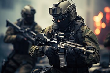 Naklejka premium Special forces soldiers with assault rifle in action. Selective focus, A military special force equipped with futuristic tactical gear and weapons, Modern warfare infantry troops, AI Generated