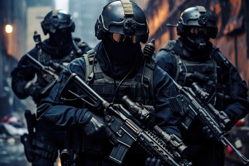 Special forces soldiers in uniform with assault rifles in action in the city, A military special force equipped with futuristic tactical gear and weapons, Modern warfare infantry troops, AI Generated - obrazy, fototapety, plakaty