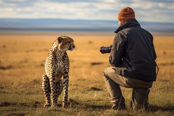 Cheetah sits on the shoulder of a man with a camera, A photographer taking a picture of a cheetah in Masai Mara, Kenya, AI Generated
