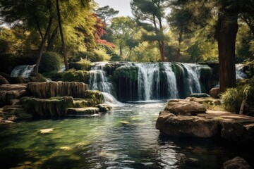 Beautiful waterfall in the park with soft focus and blurred background, A picturesque waterfall in the park, AI Generated