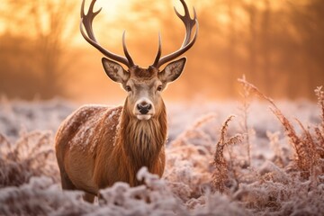 Naklejka na ściany i meble Beautiful red deer stag in frosty winter landscape at sunrise, Red Deer Cervus elaphus in Winter at Sunrise, AI Generated