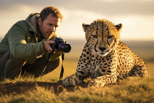 Male photographer taking picture of cheetah cub sitting in grassland, A photographer taking a picture of a cheetah in Masai Mara, Kenya, AI Generated
