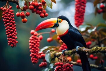 Obraz premium Toucan sitting on a branch with red berries in autumn forest, Toucan bird on a branch with red berries in the forest, AI Generated