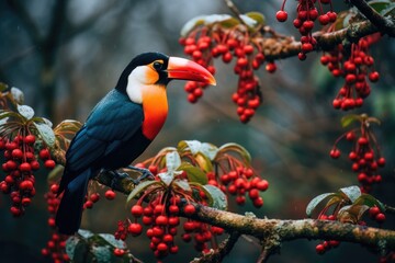 Toucan sitting on a branch with red berries in the forest, Toucan bird on a branch with red berries in the forest, AI Generated