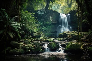 Waterfall in the rainforest of New Zealand. Toned, A tranquil waterfall in the forest, AI Generated