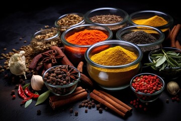 Spices and herbs on black background. Food and cuisine ingredients, A variety of spices in glass bowls and a mortar are arranged on a black slate background, AI Generated
