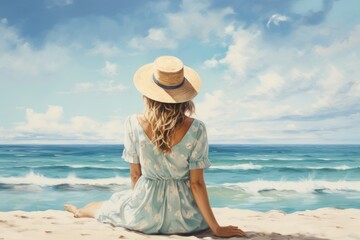 Young woman sitting on the edge of cliff and looking at the sea, A woman enjoying the view at the beach or ocean, AI Generated