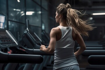 Fototapeta na wymiar Side view of a young woman running on a treadmill in a gym, A woman running on treadmills at the gym, top section cropped, faces not revealed, with no deformation, AI Generated
