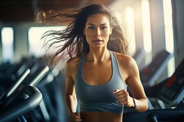 Fototapeta na wymiar Beautiful young woman running on a treadmill in the gym. Fitness girl, A woman running on treadmills at the gym, top section cropped, faces not revealed, with no deformation, AI Generated