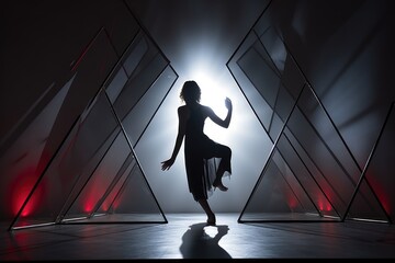 Beautiful woman dancing in dark room with glowing lights. Art concept, A young woman practicing yoga in the triangle position, rear side view, faces not revealed, with no deformation, AI Generated - obrazy, fototapety, plakaty