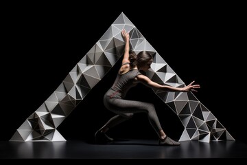 young woman in sportswear dancing in studio with polygonal background, A young woman practicing yoga in the triangle position, rear side view, faces not revealed, with no deformation, AI Generated