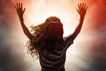 Rear view of young woman with hands up against rays of light, A young woman stretching her hands up in the air, rear side view, faces not revealed, with no deformation, AI Generated - obrazy, fototapety, plakaty