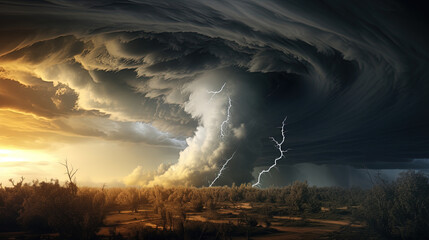 A Powerful Tornado Funnel Amidst Swirling Clouds in the Infinite Sky - obrazy, fototapety, plakaty