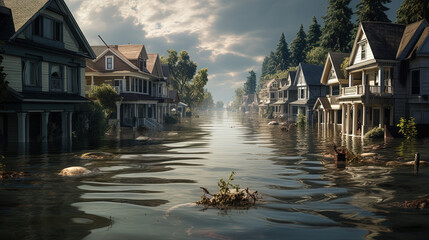 A Surreal Symphony of Floodwaters Submerging Homes and Buildings in a Watery Deluge - obrazy, fototapety, plakaty