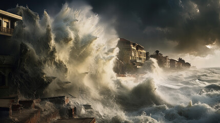 The Elemental Ballet of Storms, Winds, and Rain in a Destructive along the Coastal - obrazy, fototapety, plakaty