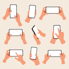 Obraz na płótnie Canvas Set of hand holding mobile phone. Fingers touching, scrolling smartphone screens, using applications.