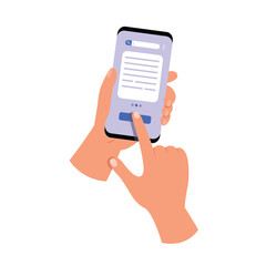 Hand holding a phone with touches the screen. Touching screen with finger. Vector illustration.
