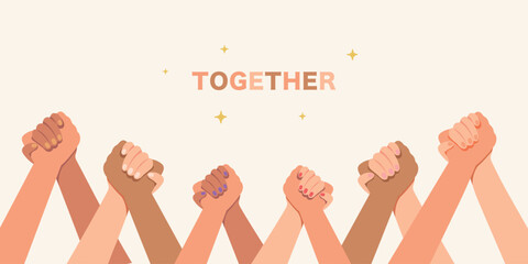 Holding hands together banner, hands holding each other strongly, hand in hand concept.
