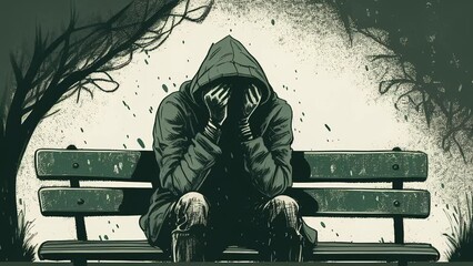 animation of a man sitting on park bench and covering his face with hands. he is depressed and sad. mental health concept. - Powered by Adobe