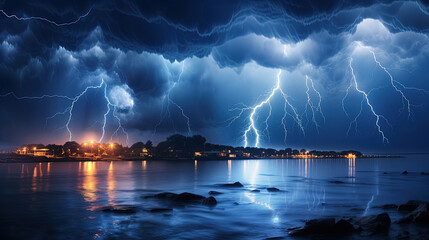 Naklejka na ściany i meble Dramatic Lightning Across and Terrible Thunderstorm Unleashing its Power Across of the Sky