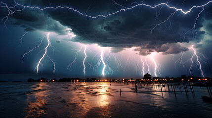 Naklejka na ściany i meble Dramatic Lightning Across and Terrible Thunderstorm Unleashing its Power Across of the Sky