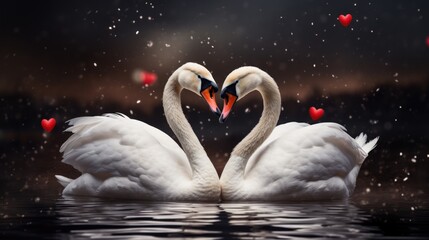 Couple of white swans and red hearts for valentine's day concept.