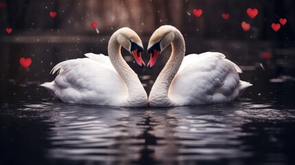 Couple of white swans and red hearts for valentine's day concept.