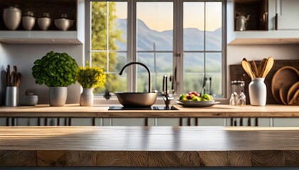 Empty beautiful wood table top counter and blur bokeh modern kitchen interior background in clean and bright