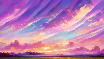 Fototapeta na wymiar Beautiful landscape background sky clouds sunset, oil painting view wallpaper landscape light colours purple anime style magic and colorful.