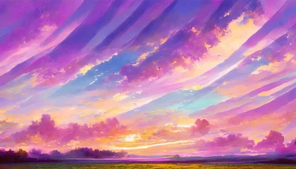 Foto auf Leinwand Beautiful landscape background sky clouds sunset, oil painting view wallpaper landscape light colours purple anime style magic and colorful. © hugo
