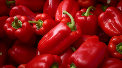 Red bell peppers on a counter in the supermarket. large number of red peppers. Generative AI