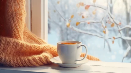 Foto op Plexiglas Cozy winter still life: mug of hot tea and warm woolen knitting on vintage windowsill against snow landscape from outside. . © Muqeet 