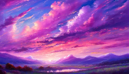 Zelfklevend Fotobehang Beautiful landscape background sky clouds sunset, oil painting view wallpaper landscape light colours purple anime style magic and colorful. © hugo