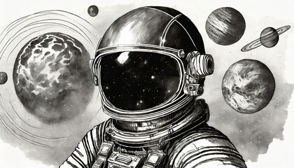 Fototapeta premium A black and white sketch of the astronaut in space with planets.