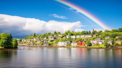 A rainbow arching over a charming riverside village