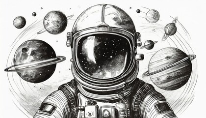 A black and white sketch of the astronaut in space with planets. - obrazy, fototapety, plakaty