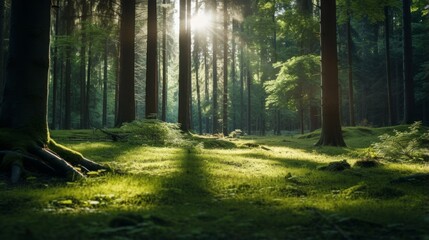 A tranquil forest glade with sunlight streaming through the trees offers subtle copy space for Independence Day