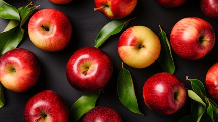 Vibrant display of red apples with green leaves - obrazy, fototapety, plakaty