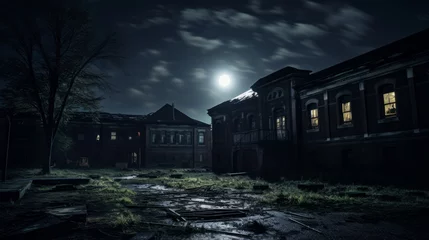 Poster Creepy abandoned school with broken windows and moonlit skies © Cloudyew