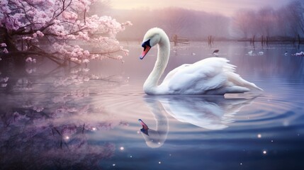 Ethereal Swan glides upon a mirror like enchanted lake