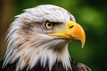 Obraz premium Majestic Close-Up of Bald Eagle Against Vibrant Green Background