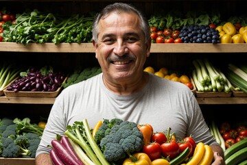 A hispanic man holding a full of vegetables fresh from farms in produce shelves smiling wide happy enjoying a healthy life