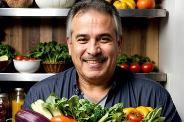 A hispanic man holding a full of vegetables fresh from farms in produce shelves smiling wide happy enjoying a healthy life