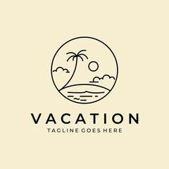 beach and palm tree badge logo line art vector simple minimalist illustration template icon graphic design