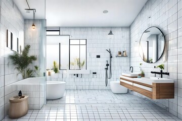 **interior of modern bathroom with white tiled walls.