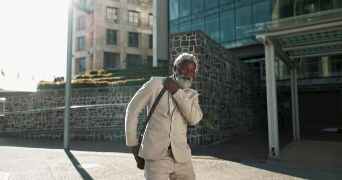 Senior business man, dancing and street for celebration, goals or happy with career achievement. Elderly African entrepreneur, CEO or dancer with moving, steps or smile for profit at job in Cape Town